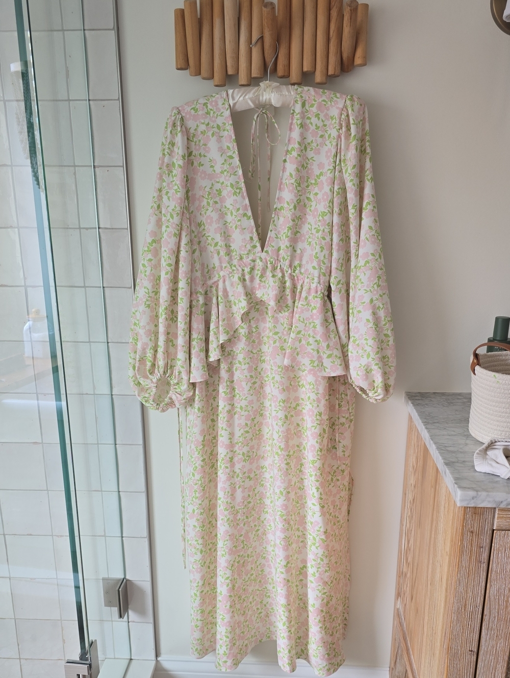 Floral Midi Dress in Soft Pink and Pale Green